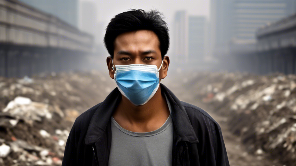 A man wearing a face mask in a highly polluted environment, symbolizing the protection of the respiratory system from harmful pollutants.