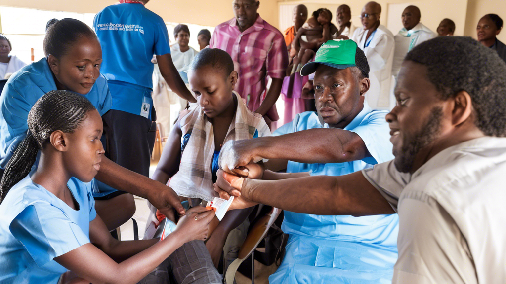 A group of people receiving vaccinations in a community health clinic, surrounded by medical professionals and educational materials about the importance o