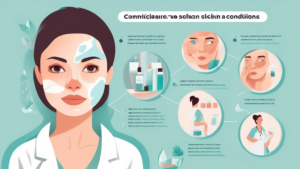 An infographic on skincare to avoid common skin conditions, with images of a person with various skin conditions and a doctor providing skincare advice.