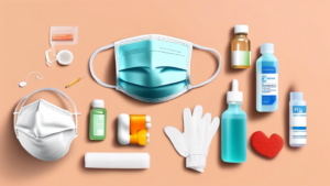 Depiction of a healthy person with a face mask and healthy habits to prevent the flu, alongside medical supplies and medications used to treat the flu.