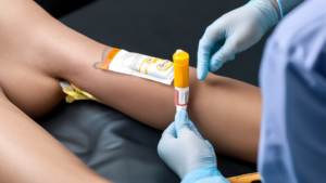 An image of an EpiPen being used to inject medication into the thigh of a person experiencing an allergic reaction, with a medical professional providing a