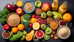 A photo of a diverse and vibrantly colored spread of healthy foods, including fruits, vegetables, whole grains, and lean protein, arranged in a way that su