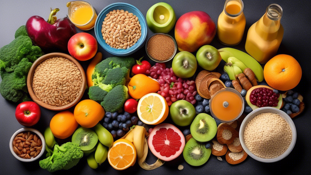 A photo of a diverse and vibrantly colored spread of healthy foods, including fruits, vegetables, whole grains, and lean protein, arranged in a way that su