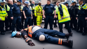 A group of people gathered around a victim of an accident, with paramedics and police officers in the background. The image should convey the importance of