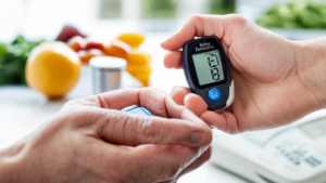 An image of a person with diabetes using a glucose monitor to check their blood sugar levels, with a healthy diet and exercise in the background.